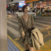 Fa-style vintage BAO WEN Broken Flowers dress with dress Spring and autumn temperament collection waist display slim 100 lap design sensation V collar drawing rope skirt