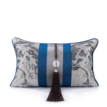 (Full edge) new Chinese style landscape ink waist pillow gray spelling royal blue sofa bag tassel decorative pillow cushion cushion