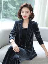 High-end gold velvet Western suit Two sets 2022 Spring new fashion Temperament Broadlegged Pants Professional Suit Suit Woman
