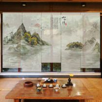 Chinese landscape translucent screen curtain partition roller curtain curtain hole-free installation Electric lifting shading hanging screen