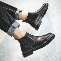 Summer slim Chelsea boots Mens Black Inn Wind Martin boots High help Chaulemen Short boot genuine leather Middle help tooling boots