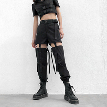 ins new D-shaped buckle hollow personality casual pants female street cool Harajuku wind closure pants tide