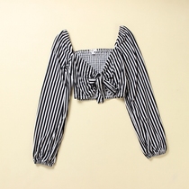 Foreign trade original single export to Europe and the United States H364 stripe V-collar short long sleeve T-shirt female autumn base