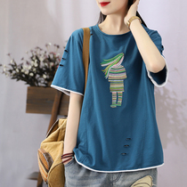 Han Soyi retro art summer new color line head embroidered back movie girl loose display slim short sleeve T-shirt woman