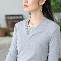 Strange flowers open orchid (window a few clear) original long sleeve slim cotton grinding hand embroidered base shirt Women