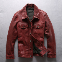 Mens dermis leather collar multiple pockets to be covered with tannic sheep leather jacket Single-row buttoned locomotive jacket male jacket