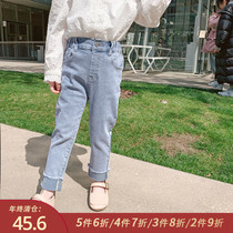 Little pudding baby baby childrens clothing 2021 new childrens foreign style jeans baby Autumn wear slim pants childrens trousers