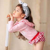 Spot Korean trendy brand girls summer new girls long-sleeved sunscreen powder princess hooded swim split swimsuit set