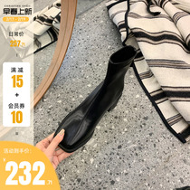 (sheii Suyin Yin) Line Art ~ Korean square head rear zipper coarse heel short boots Slim Skinny Boots Fashion Boots