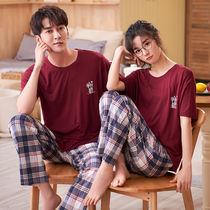Couple pajamas summer cotton short sleeve pants thin cotton loose casual simple home clothing can go out suit