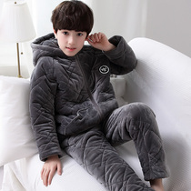 Childrens pajamas with three layers of cotton in winter thickened autumn and winter plus velvet boys flannel