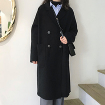 Black Hepburn style double-sided wool coat womens long loose double-breasted small hairy coat winter