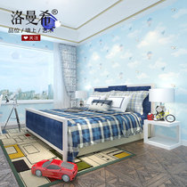 Childrens fun cartoon childrens room non-woven wallpaper blue bedroom living room blue sky white cloud hot air balloon warm wallpaper