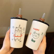 Small Bear Creative Ceramic Cup Female Students Day Jane about Little Qing New water glass Home with straw Milk Coffee Cup