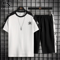 Suit mens ice silk summer linen casual sports tide brand fashion shorts short-sleeved 2021 new thin two-piece suit