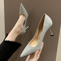 Silver high heels 2021 new spring French small fresh girl thin heel wild net red fairy pointed single shoes