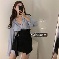 Summer 2021 New Ghost Horse Girl Korean style Chic retro sweet loose shirt high waist skirt two-piece set