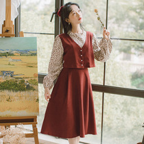 Tide brand Ocnltiy spring new 2021 sweet age-reducing floral stitching fake two-piece long-sleeved bottoming dress