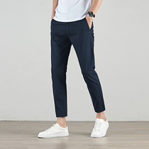 European station nine-point casual pants mens summer Joker pants Korean version of elastic waist slim cotton stretch mens pants