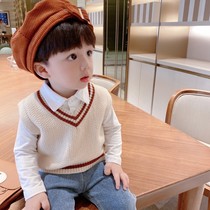 2021 spring and autumn new childrens wool vest vest college style V-neck knitted pullover waistcoat boys and girls tide