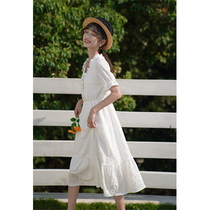 Deer South white dress V-neck Medium-length dress sweet 2021 summer new French retro A- line dress