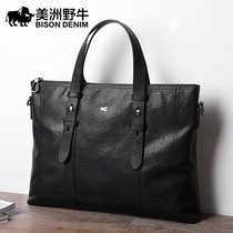 American bison leather mens bag Business Mens Hand bag briefcase mens casual cowhide leather shoulder bag shoulder bag