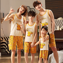 Parent-child outfit family of three or four children's parents pure cotton vest schoolgirls summer thin Pikachu pajamas