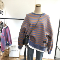 2019 spring all-match Korean stitching white border fake two-piece striped color loose large pullover sweater womens round neck trend