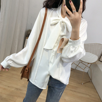 Autumn new large size womens bow shirt 200kg fat sister loose hidden meat chiffon shirt blouse