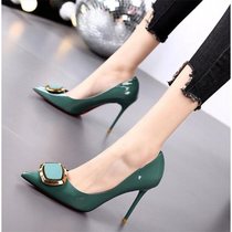Pointed High heel Shoes slim to 100 Lap Season New Sexy Lacquered Leather Square Button Mesh Red Teenage Girl Temperament Single Shoes