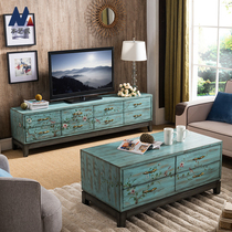 American solid wood TV cabinet coffee table combination Mediterranean living room old floor cabinet European bedroom painted locker