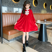 Girls Net red autumn dress 2021 new childrens golden velvet foreign skirt