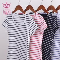 Custom blue and red Korean striped t-shirt womens summer short-sleeved slim-fit crew neck tight cotton short large size solid color base shirt