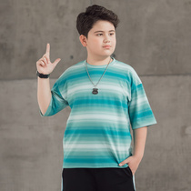 Fat boy short-sleeved T-shirt medium-sized child plus fat large size cotton striped half-sleeve fat child summer coat