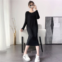 Long style pit strip sweater dress straight cylinder casual black knit dress round collar loose with kneecap bottom skirt woman