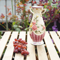Double Ear Ceramic High Vase Eu Style Flowers Vase Book Room Home Living Room Table Top Table Decoration Relief Rose