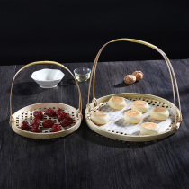 Bamboo snack basket hollow bamboo basket living room basket Pastoral style flat-bottomed round dustpan storage mini household small fruit basket