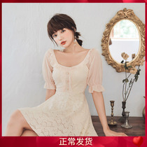 Korean version 2021 New swimming female Belly Belly conservative spa net red one-piece dress Lace Fashion Swimsuit