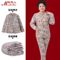 Middle-aged and elderly women add fat and velvet padded camel velvet suit cotton-padded trousers loose version elastic warm cotton-padded clothes