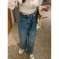 YouZIQI Grapefruit Gao Link Jeans New Waist Adjustable Design Sense with Light String Trousers