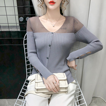 Hong Kong Tide Brand 2021 New hollow knit sweater womens base shirt long sleeve V neck lace mesh sweater