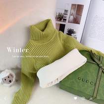 Girl Sweater Winter Dress Baby Hooded High Collar Gush Knit Red Green Pure Color Undershirt