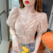 Retro design sense of strap short top womens new western style slim fashion trend floral bubble sleeve lace shirt