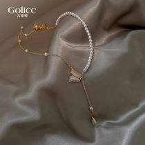 Water Drop Pearl Butterfly Necklace Woman Light Extravaganza Design Sensation Lock Bone Chain 2022 New Spring Summer Accessories