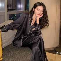 IF-KANN spring and autumn Korean version of the pajama female ice wire long-sleeved thin-sin in black cartoon high-end home clothing suit