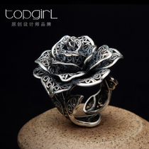 TOPGIRL Original pure handmade foot silver Exaggerated Flowers Ring Woman Retro Thai Silver Accessories Forefinger Ring Gifts