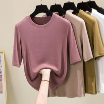 Round Collar Short Sleeve T-shirt Woman Spring 2021 New Body Knit Thread Cotton Middle Sleeve Undershirt Half Sleeve Compassionate