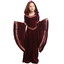 Halloween Childrens clothing Girls long dress Velvet Witch costume Demon ghost costume Burgundy black performance costume