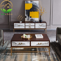 New Chinese landscape painting light luxury solid wood TV cabinet coffee table modern simple style living room full combination