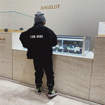 JUSTIN Childrens winter clothes boys Tide Cards Plus Suede Thickened Sweater Jacket Pants Suit Boy Foreign Air Sportswear